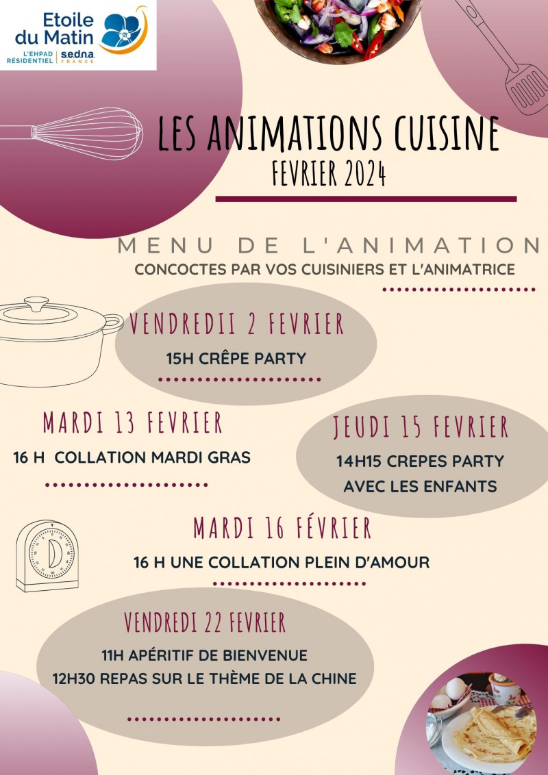 Les animations en lien avec la cuisine en FÉVRIER 2024