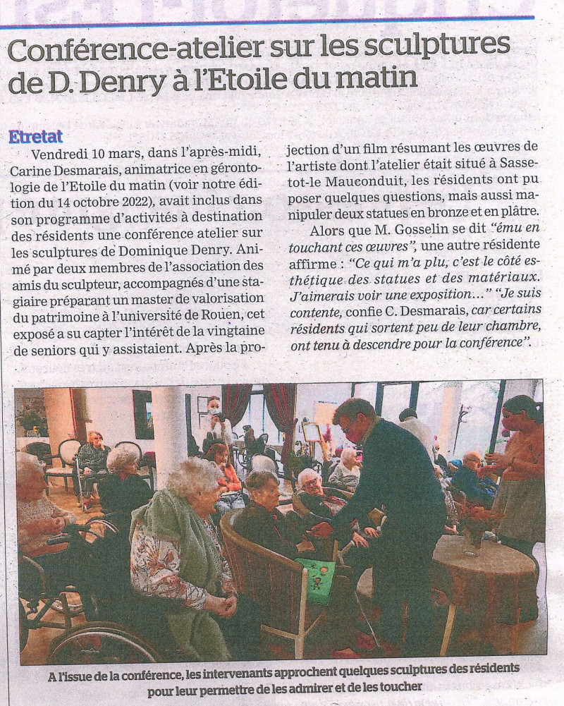 ARTICLE COURRIER CAUCHOIS DU 17 MARS 2023 CONFÉRENCE SUR LES SCULPTURES DE DOMINIQUE DENRY