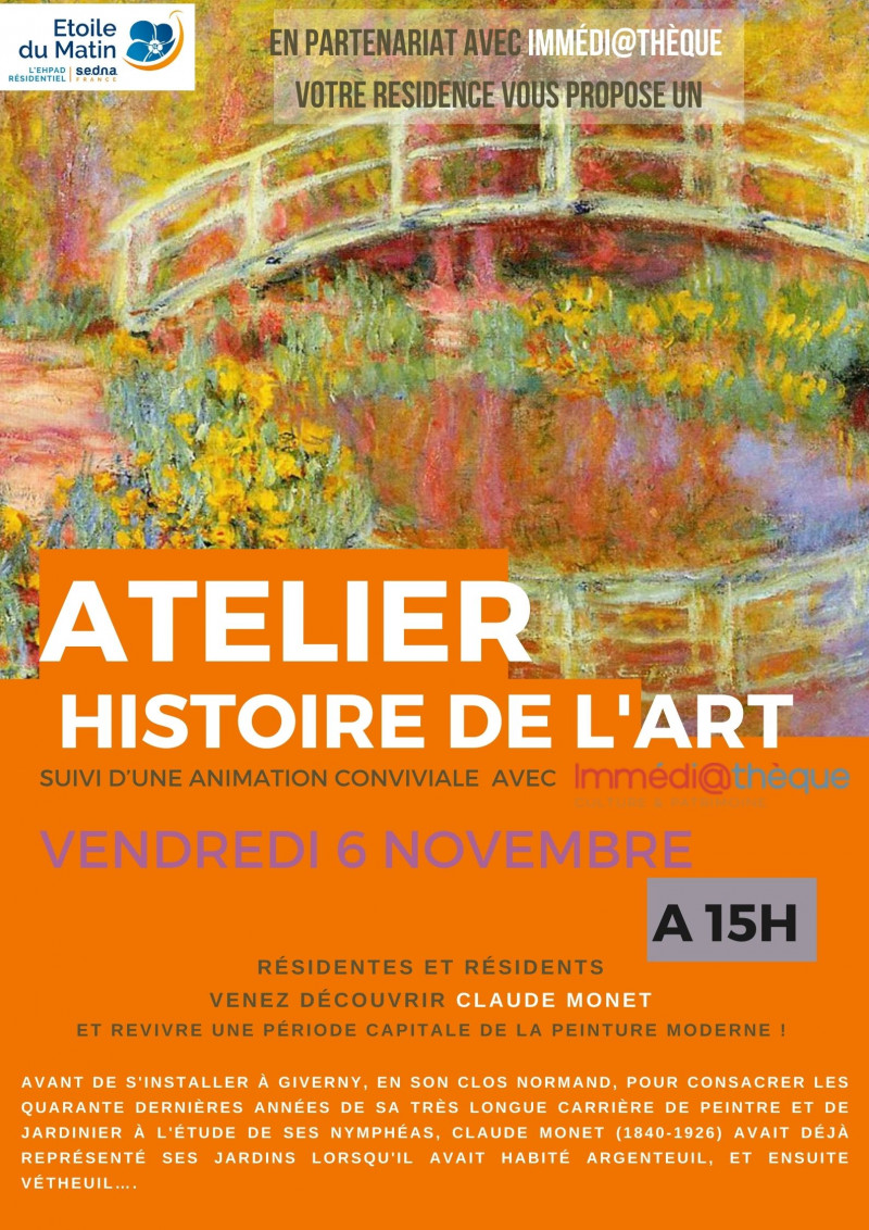 Prochainement ATELIER HISTOIRE DE L'ART en partenariat avec  IMMEDI@THEQUE