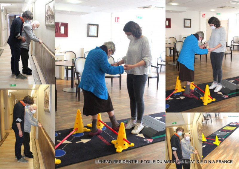Un atelier « Parcours de marche / Equilibre » par  Inès  l’ergothérapeute  et visite des Kinésithérapeutes