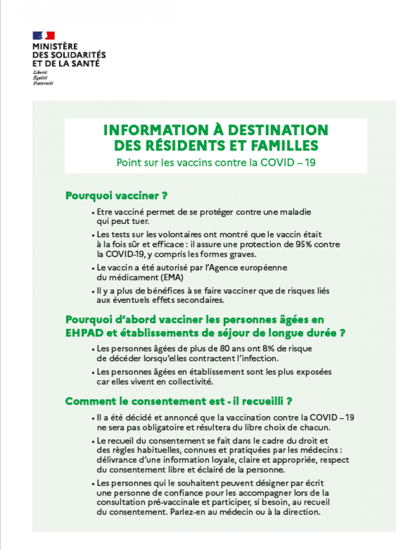 INFORMATION À DESTINATION DES RÉSIDENTS ET FAMILLES Point sur les vaccins contre la COVID – 19