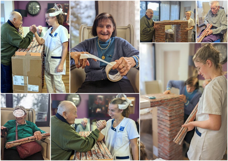 POURSUITE DE L'AVENTURE CHEMINÉE :  Assemblage du Papier Peint avec nos Stagiaires Lutins